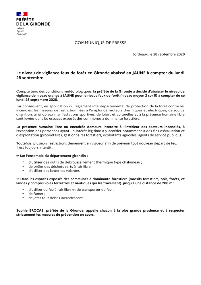 2026 09 28 CP Retour vigilance JAUNE feux de foret